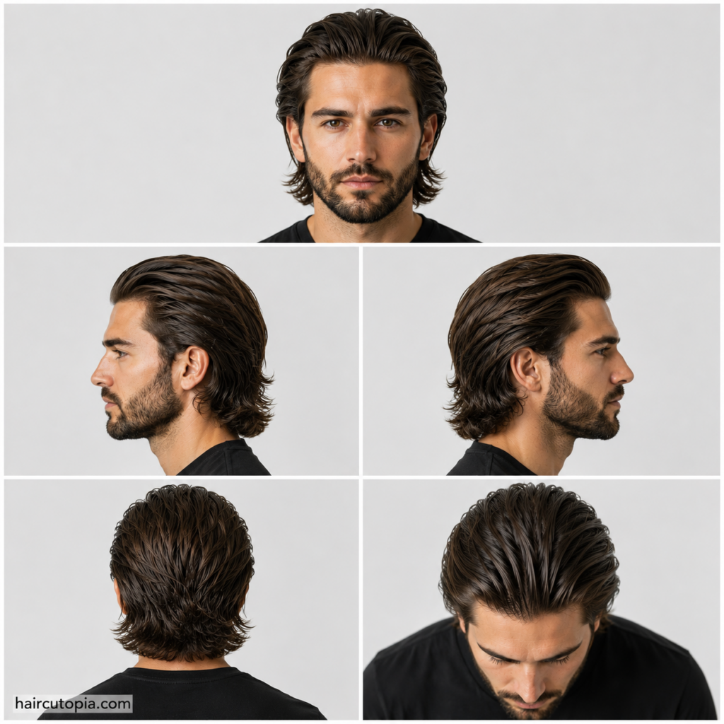 Five-view collage of a modern long slick back haircut showing the front, left side, right side, back, and top views with natural length, volume, and flow.