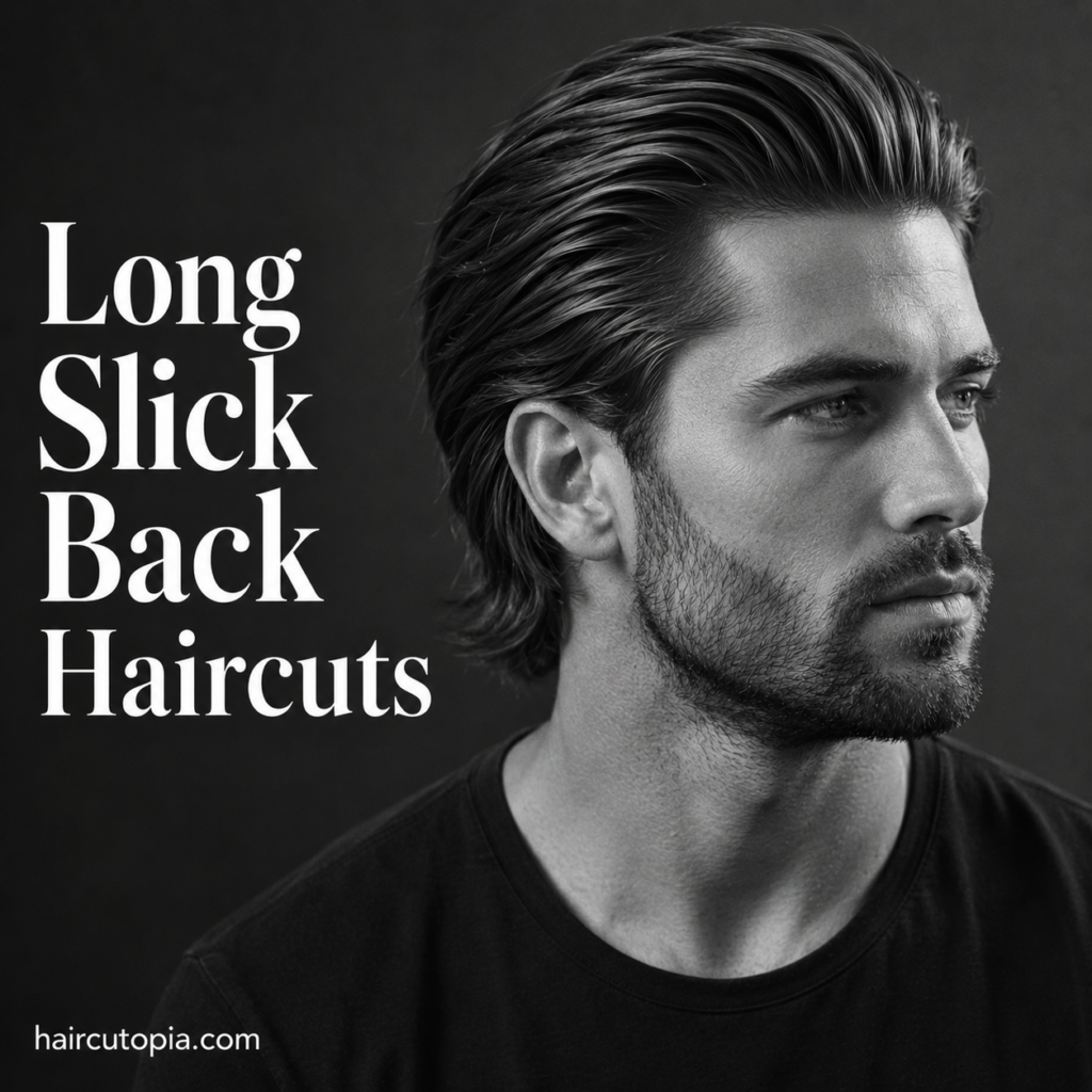 Man with a modern long slick back haircut featuring natural flow, volume, and tapered sides in a black and white editorial portrait.