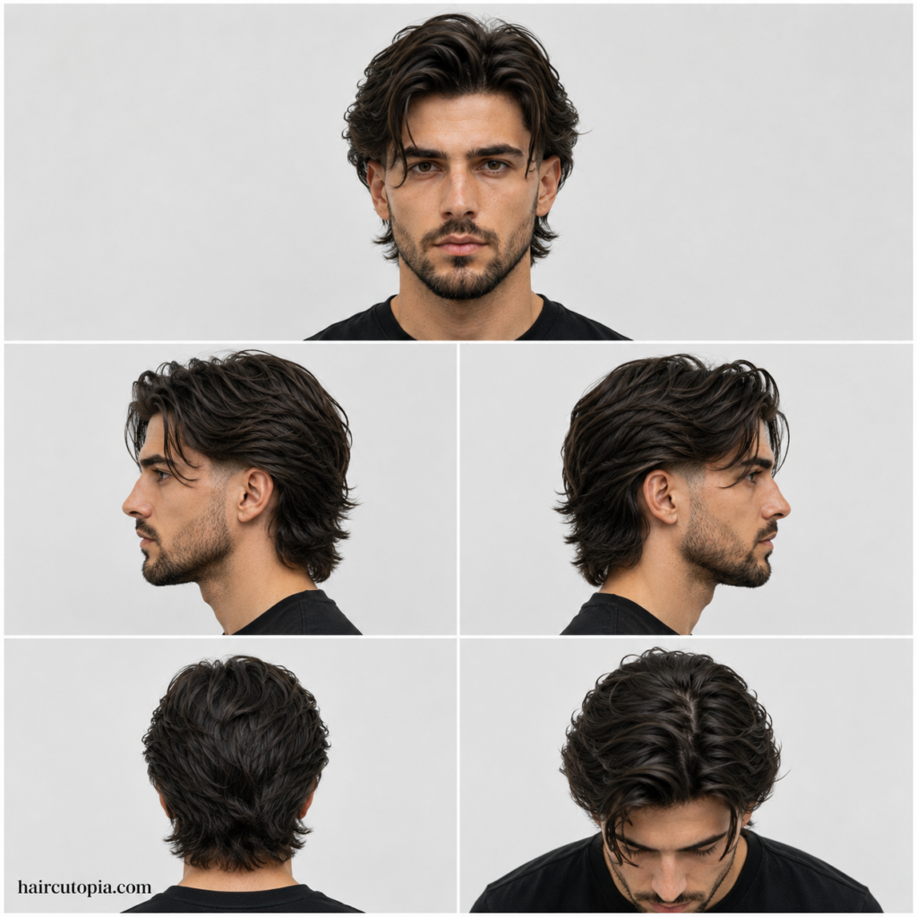 Five-panel collage showing a long taper fade haircut from the front, left side, right side, back, and top views.