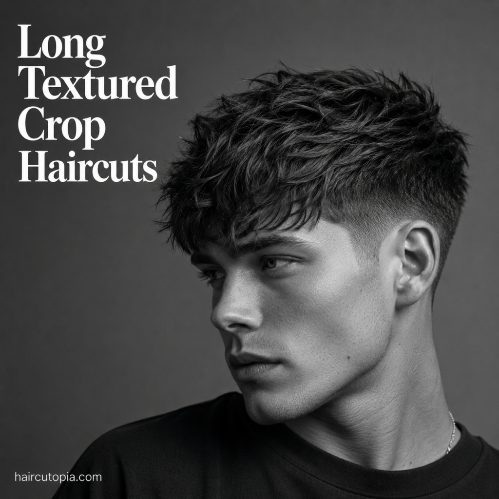 Man with a modern long textured crop haircut featuring layered texture, natural volume, and a clean fade in a black and white editorial portrait.