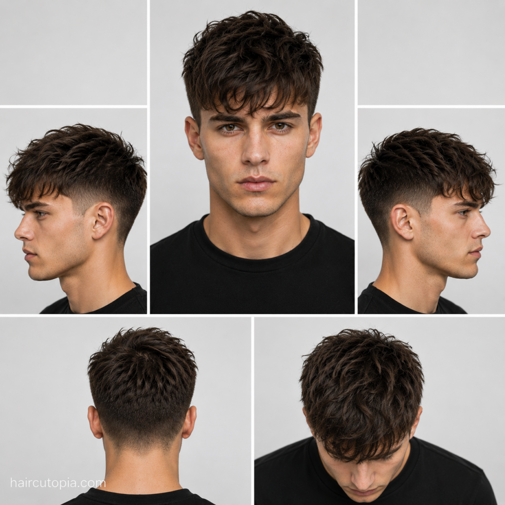 Five-view collage of a men's long textured crop haircut showing the front, left side, right side, back, and bird's-eye views.