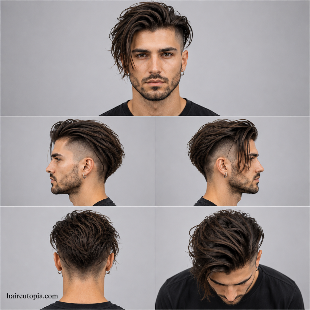Five-panel collage showing a long undercut haircut from the front, left side, right side, back, and bird's-eye views.