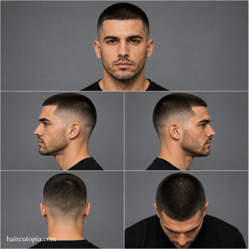 Five-panel collage showing a low maintenance buzz cut haircut from the front, left side, right side, back, and top views.