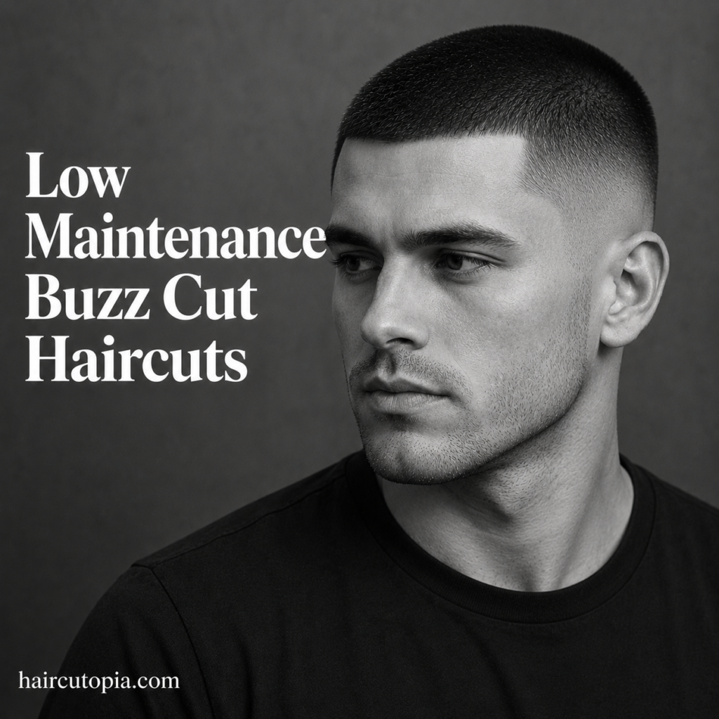 Man with a low maintenance buzz cut haircut featuring a clean fade and simple masculine style.