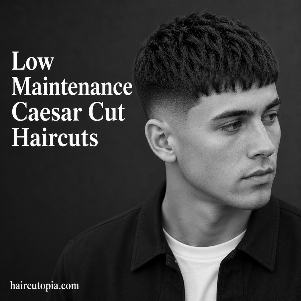 Man with a low maintenance Caesar cut featuring a textured fringe and clean fade