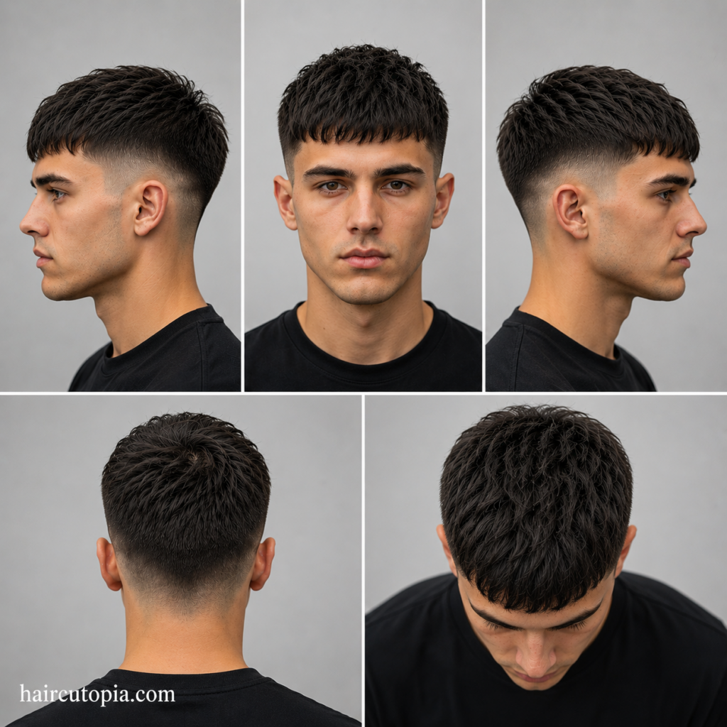 Five-panel collage showing a low maintenance Caesar cut haircut from front, side, back, and top views