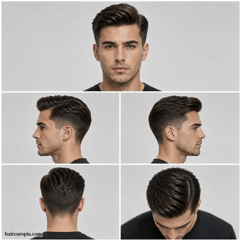 Five-view collage showing a low maintenance men’s comb over haircut from the front, left side, right side, back, and top