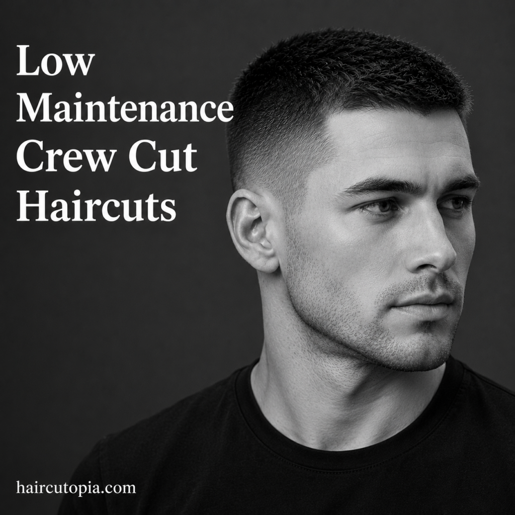 Man with a low maintenance crew cut haircut in a black and white editorial portrait