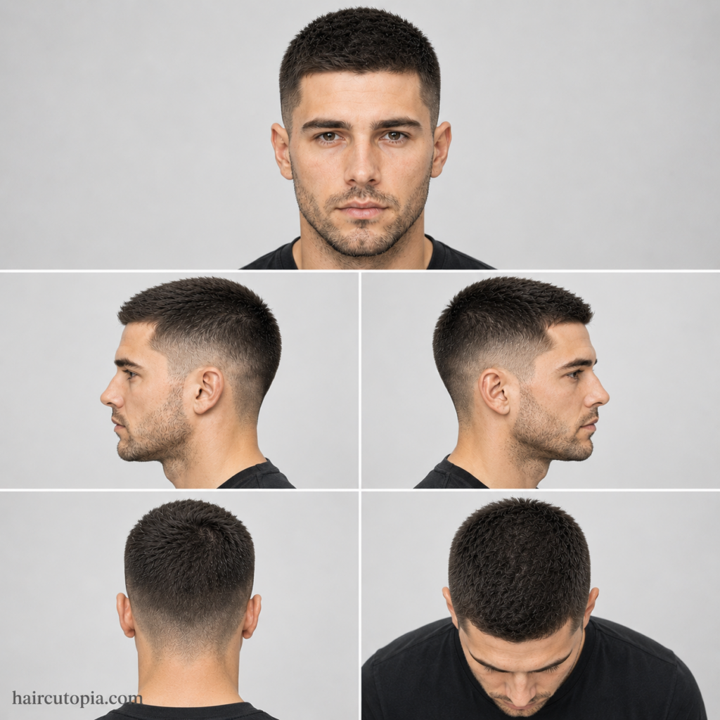 Five-panel collage of a low maintenance crew cut haircut showing front, side, back, and top views
