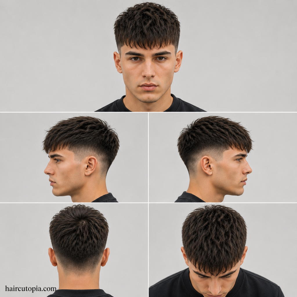 Five-view collage of a low maintenance French crop haircut showing front, side, back, and top views