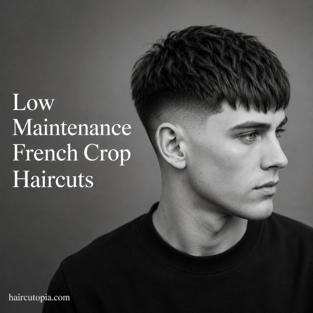Man with a low maintenance French crop haircut featuring a textured fringe and clean fade