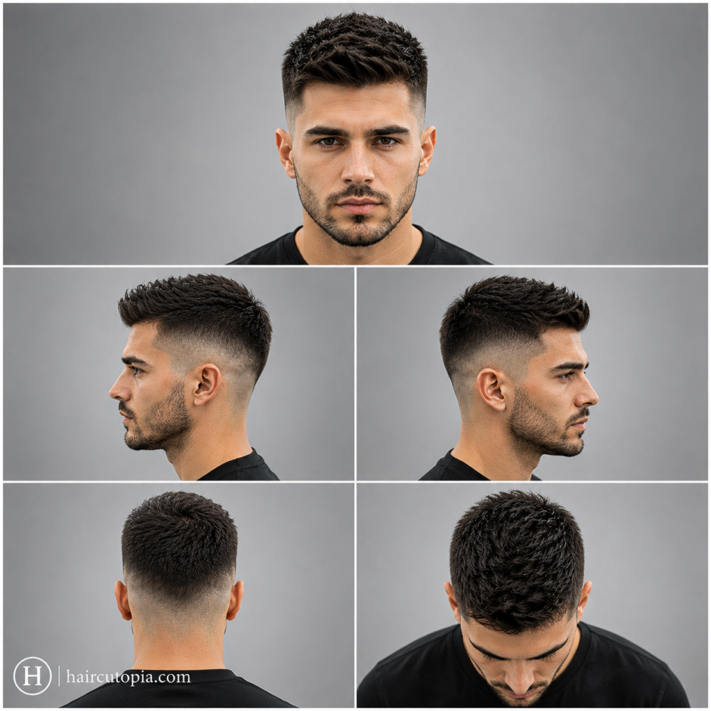 Five-panel collage showing a low maintenance high fade haircut from the front, left side, right side, back, and top views.