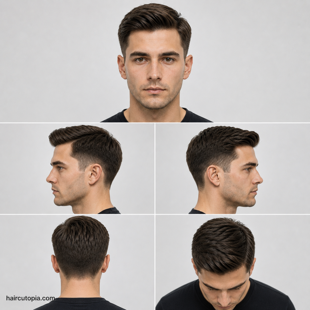 Five-view collage showing a low maintenance Ivy League haircut from the front, left side, right side, back, and top view.