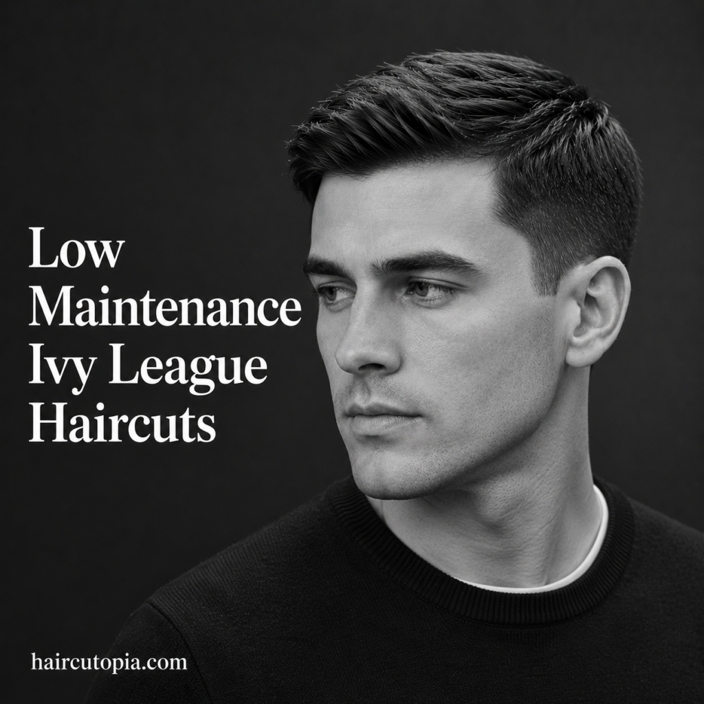 Man with a low maintenance Ivy League haircut in a black and white editorial portrait featuring clean tapering and effortless styling.