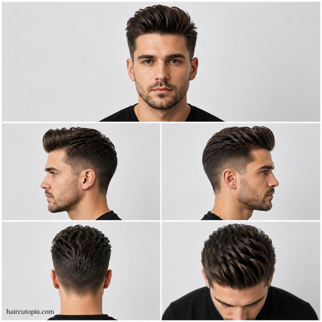 Five-view collage of a low maintenance pompadour haircut for men showing front, left side, right side, back, and top views