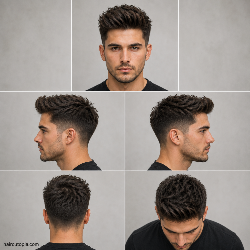Five-panel collage showing a low maintenance quiff haircut from the front, left side, right side, back, and bird's-eye views with natural texture, soft volume, and clean tapered sides.