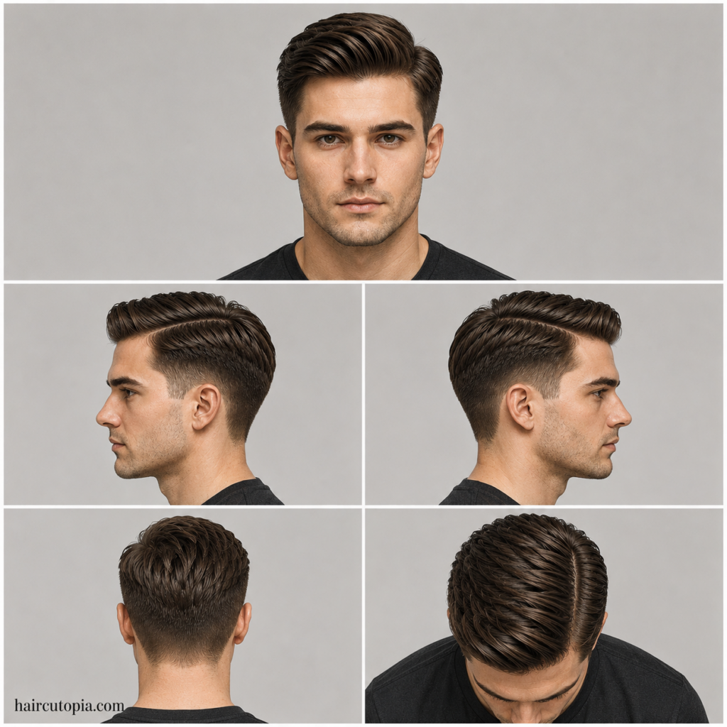 Five-view collage of a low maintenance men’s side part haircut showing front, left side, right side, back, and top views