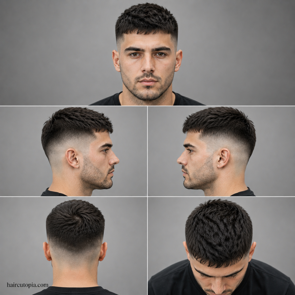 Five-panel collage showing a low maintenance skin fade haircut from the front, left side, right side, back, and top views.
