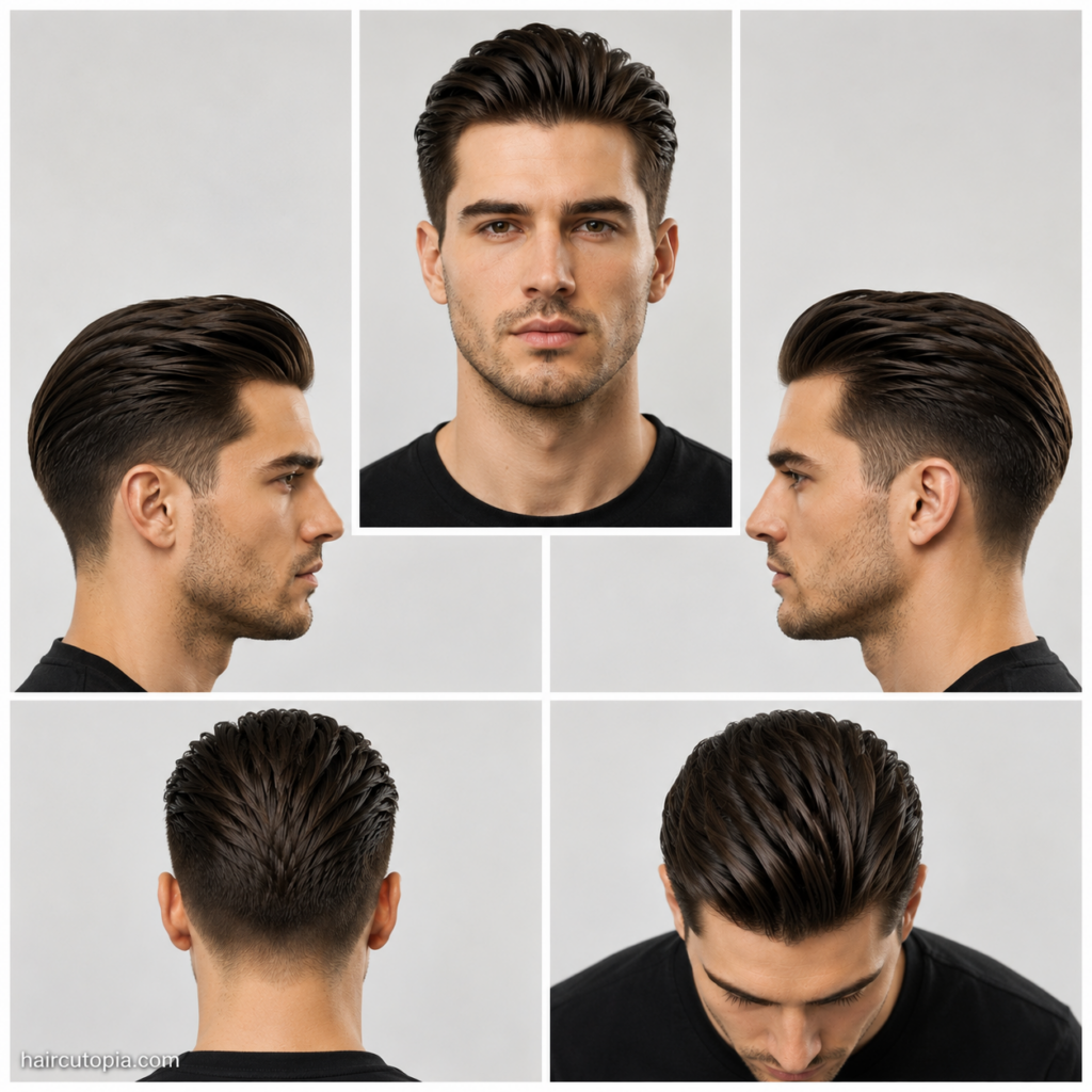Five-panel collage of a low maintenance slick back haircut showing the front, left side, right side, back, and top views with a natural textured finish and clean low taper.