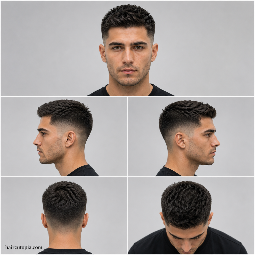 Five-panel collage of a low maintenance taper fade haircut showing front view, left side view, right side view, back view, and bird's-eye top view.