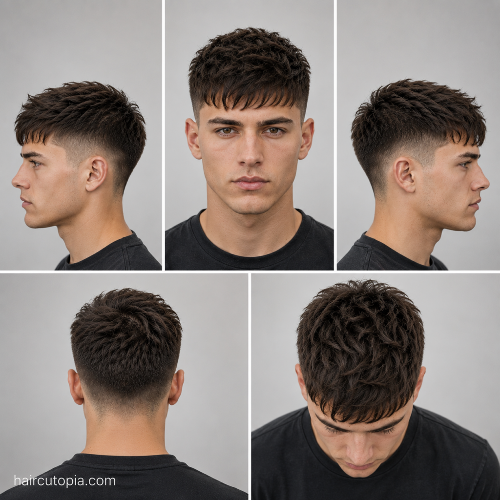 Five-view collage of a men's low maintenance textured crop haircut showing the front, left side, right side, back, and bird's-eye views.