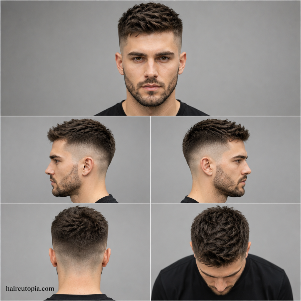 Five-panel collage showing a low maintenance undercut haircut from the front, left side, right side, back, and bird's-eye views.