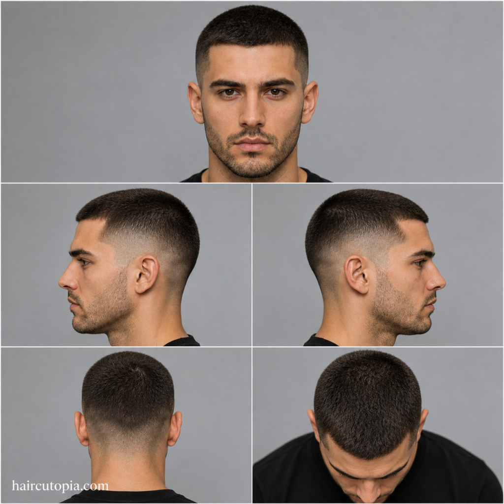 Five-panel collage showing a medium buzz cut haircut from the front, left side, right side, back, and top views.