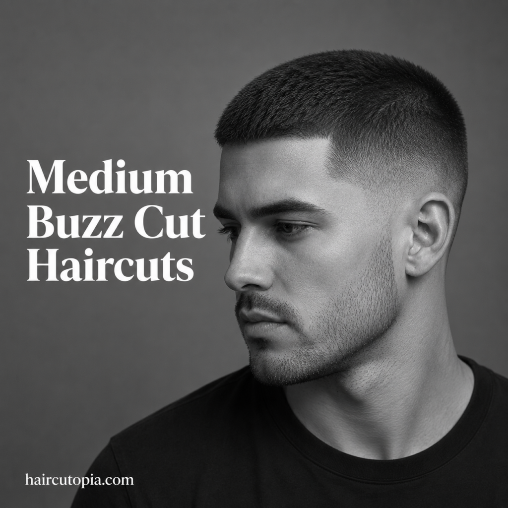 Man with a medium buzz cut haircut featuring textured length on top and a clean fade on the sides.