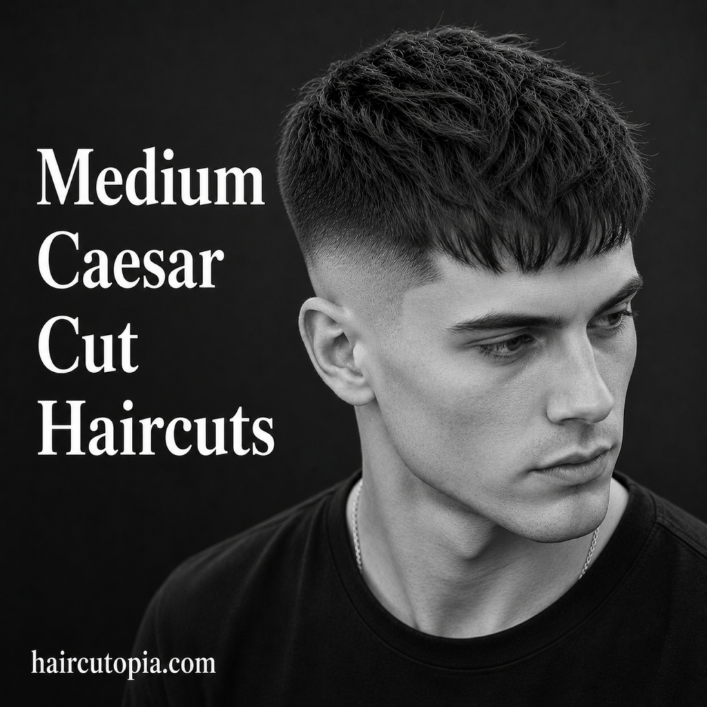 Man with a modern medium Caesar cut featuring textured layers and faded sides