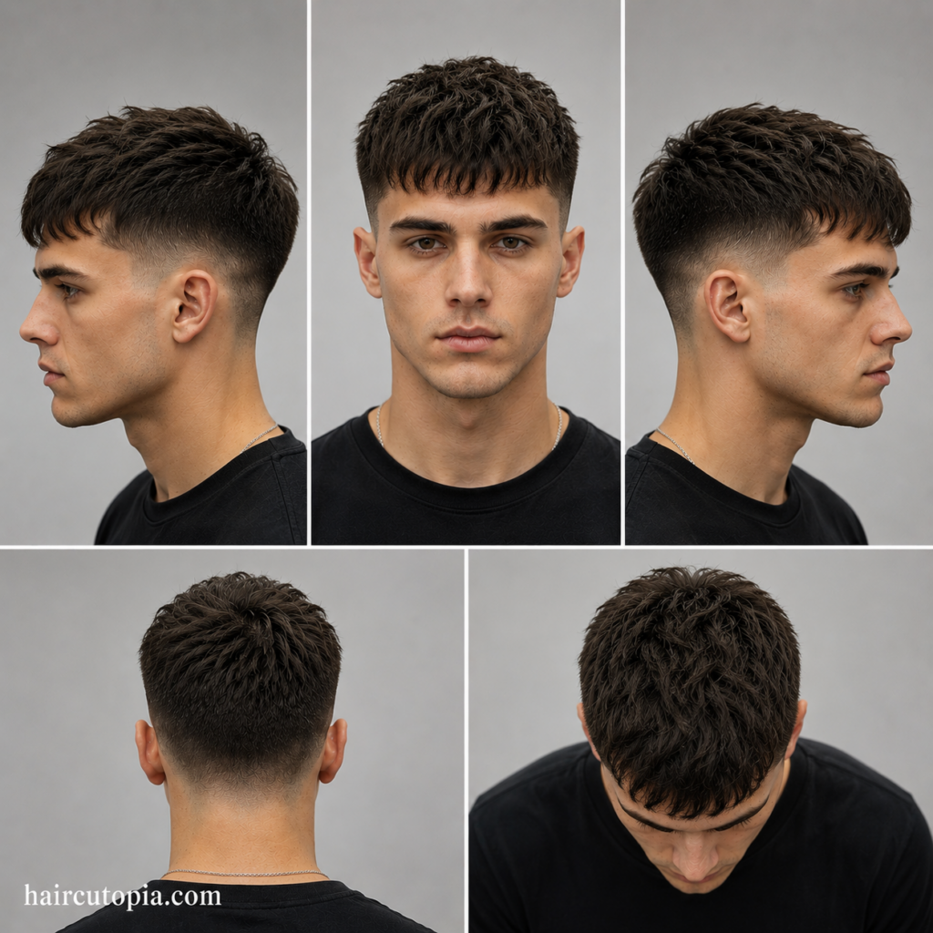 Five-panel collage showing a medium Caesar cut haircut from front, left side, right side, back, and top views