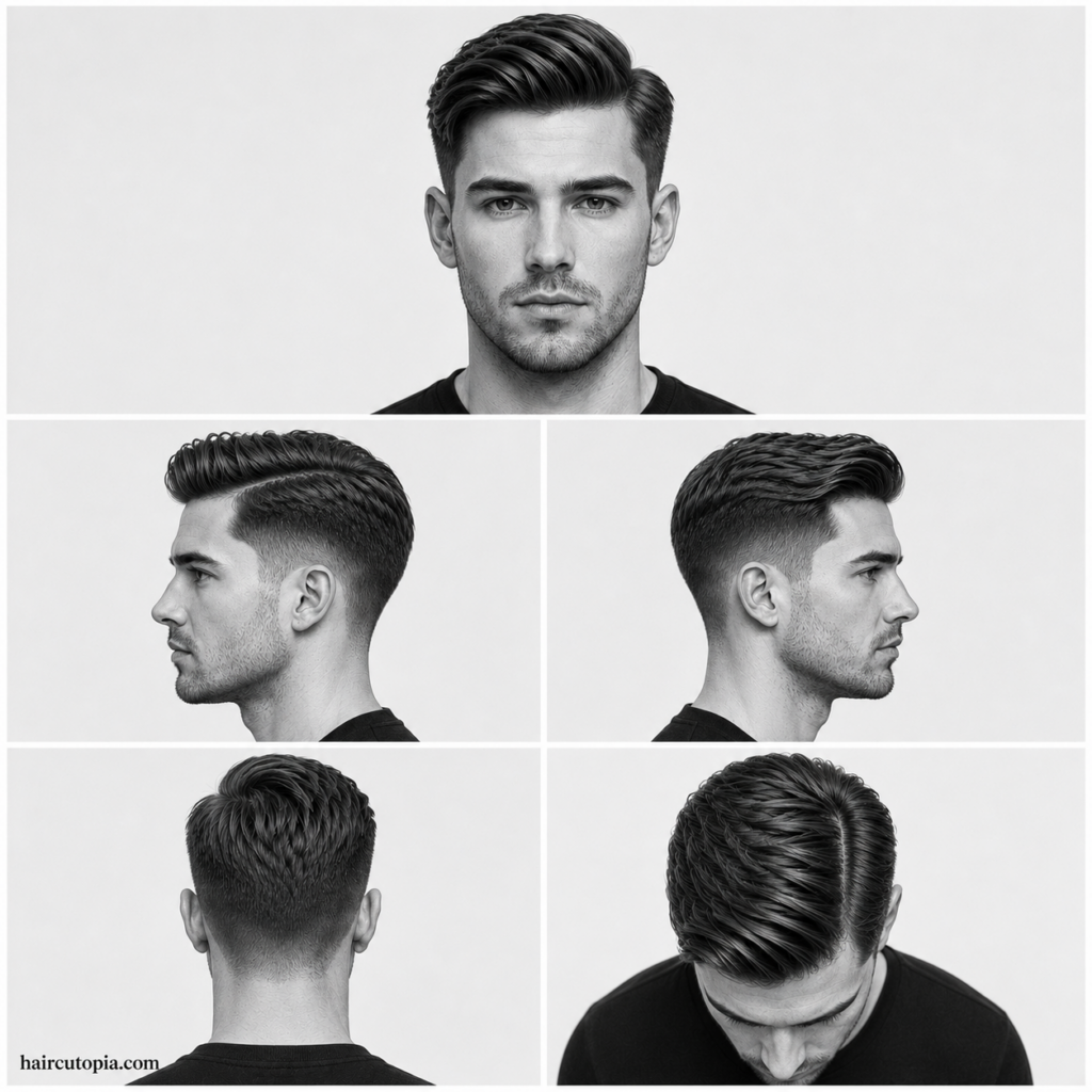 Five-view collage showing a men’s medium comb over haircut from the front, left side, right side, back, and top