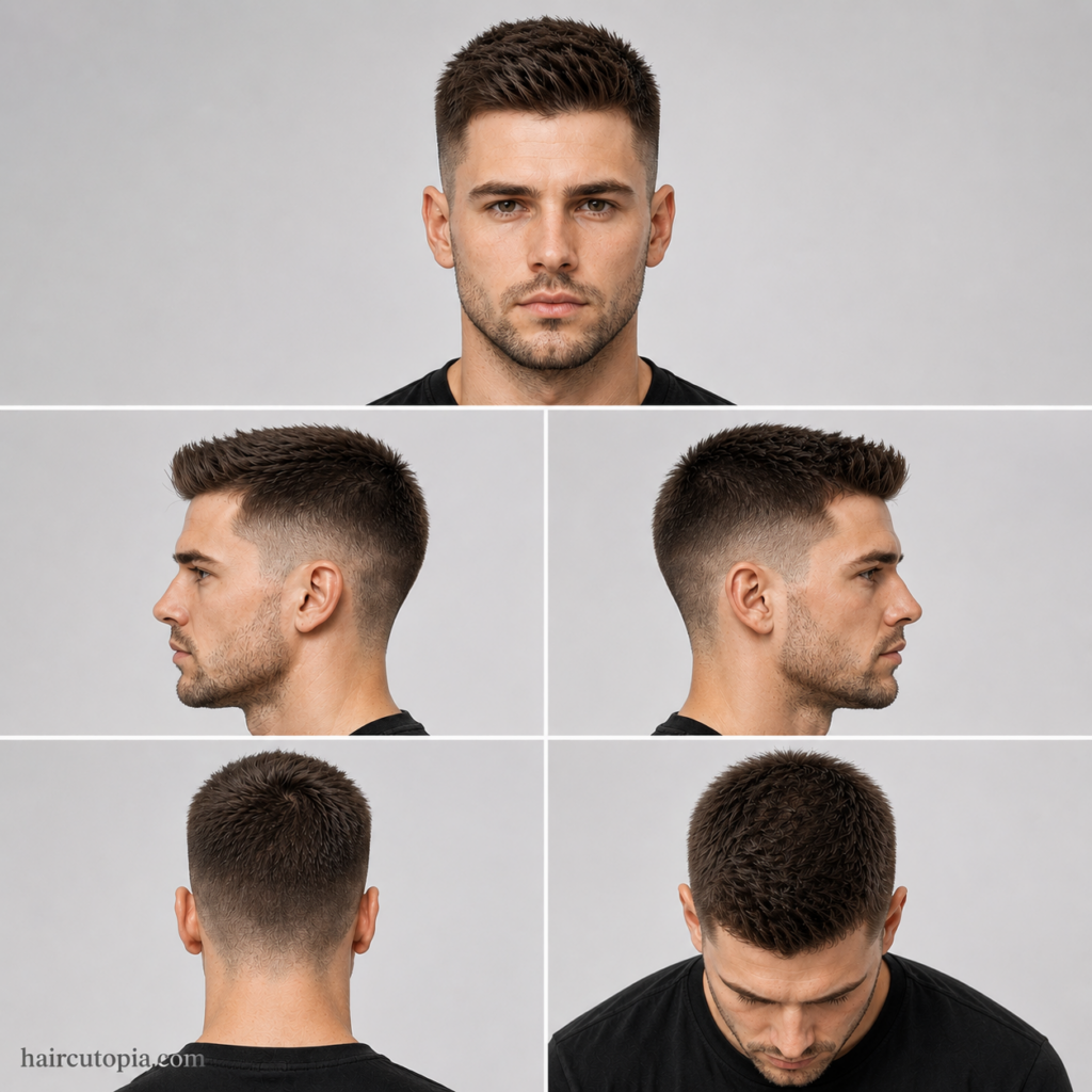 Five-panel collage of a medium crew cut haircut showing front, left side, right side, back, and top views