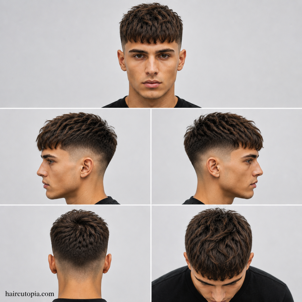 Five-view collage of a medium French crop haircut showing front, side, back, and top views