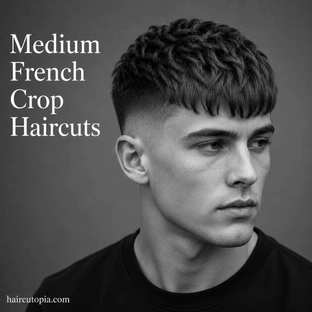 Man with a textured medium French crop haircut featuring natural volume and faded sides
