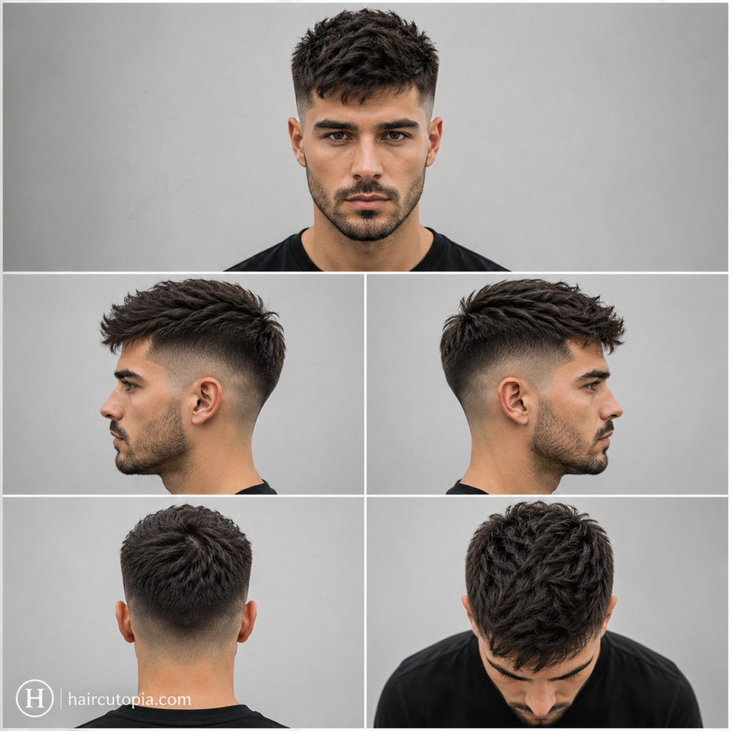 Five-panel collage showing a medium high fade haircut from the front, left side, right side, back, and top views.