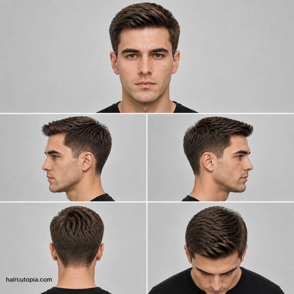 Five-view collage showing a medium Ivy League haircut from the front, left side, right side, back, and top view.
