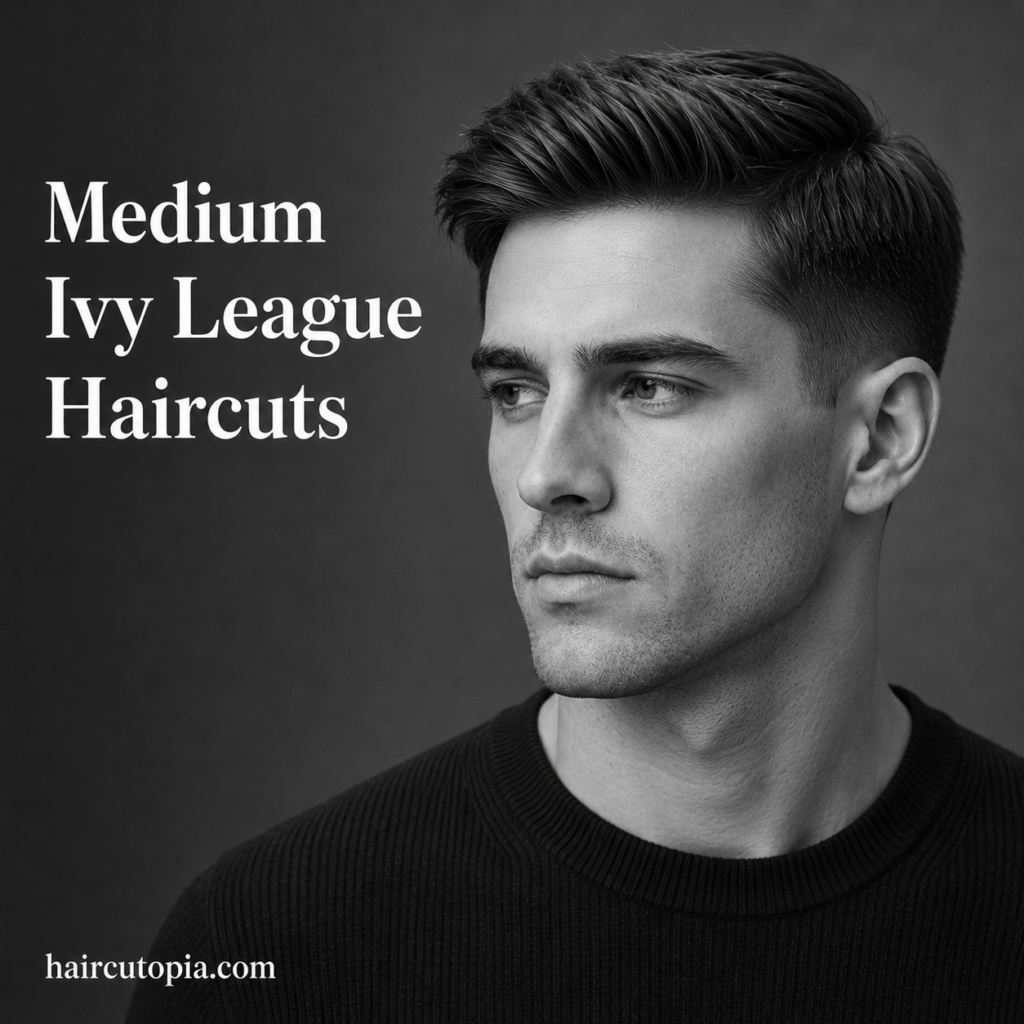 Man with a medium Ivy League haircut in a black and white editorial portrait featuring natural texture and classic styling.