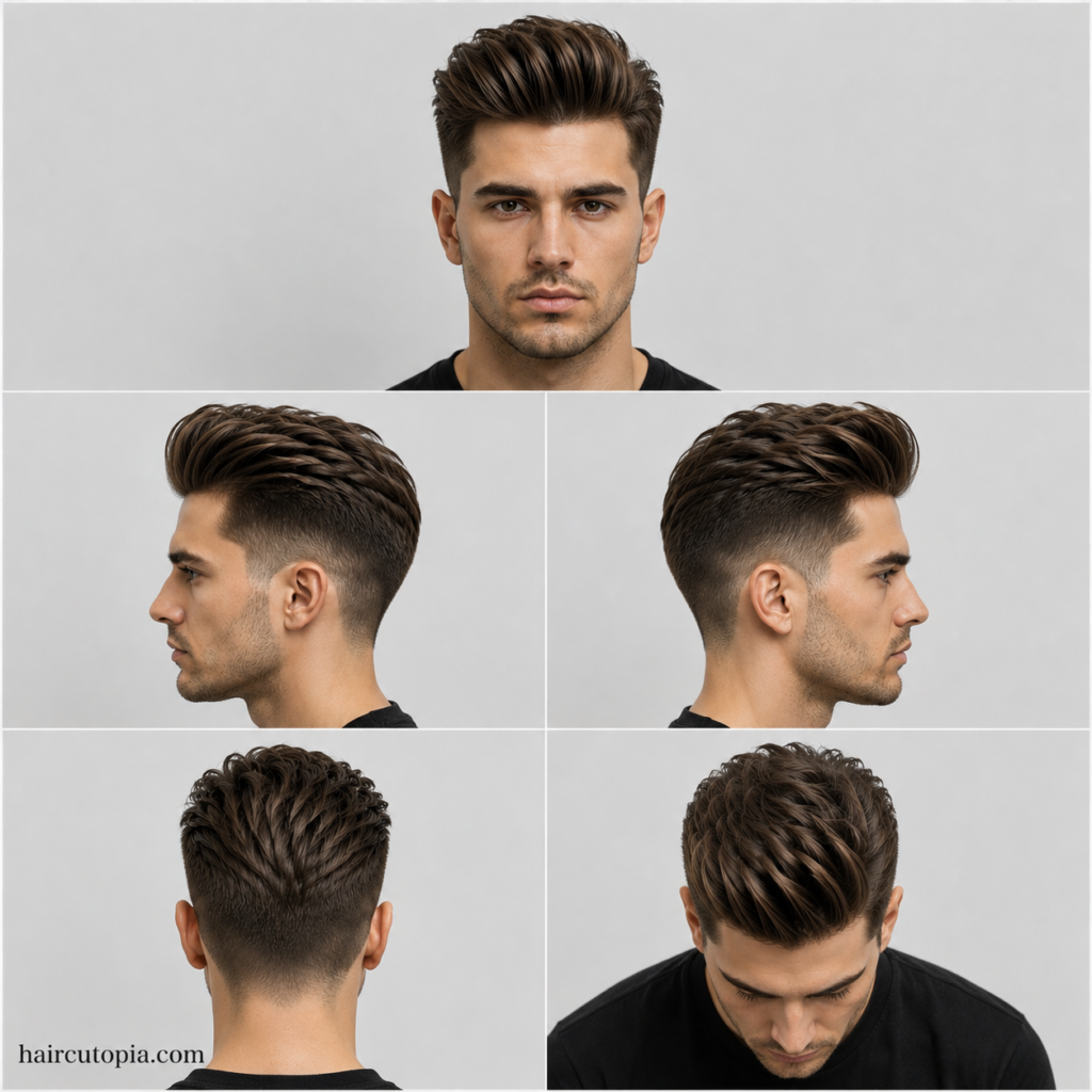 Five-view collage of a medium pompadour haircut showing the front, left side, right side, back, and top views.