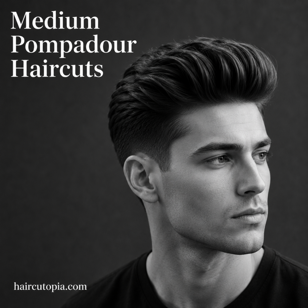 Man with a medium pompadour haircut and neatly tapered sides in a black-and-white editorial portrait.