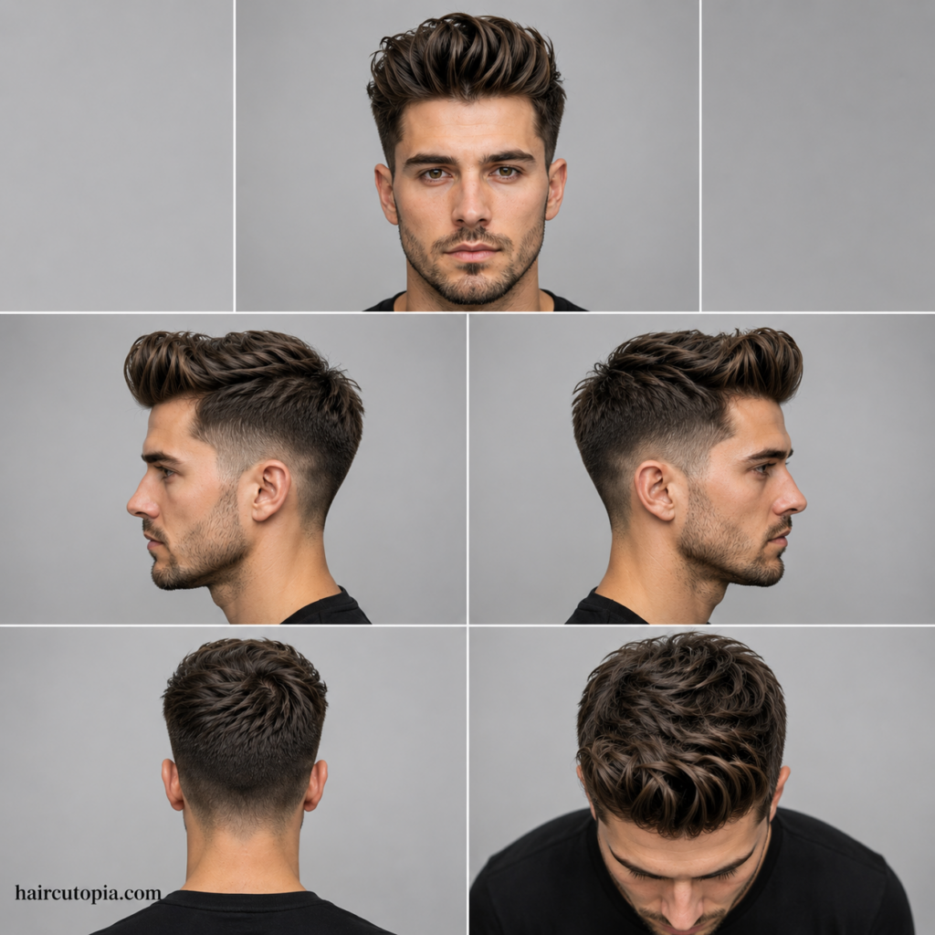 Five-panel collage showing a modern medium quiff haircut from the front, left side, right side, back, and bird's-eye views with textured volume and clean faded sides.