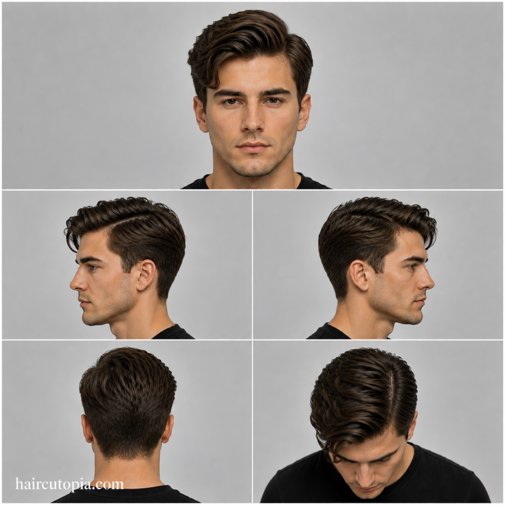 Five-angle collage of a men’s medium side part haircut, showing front, left side, right side, back, and top views