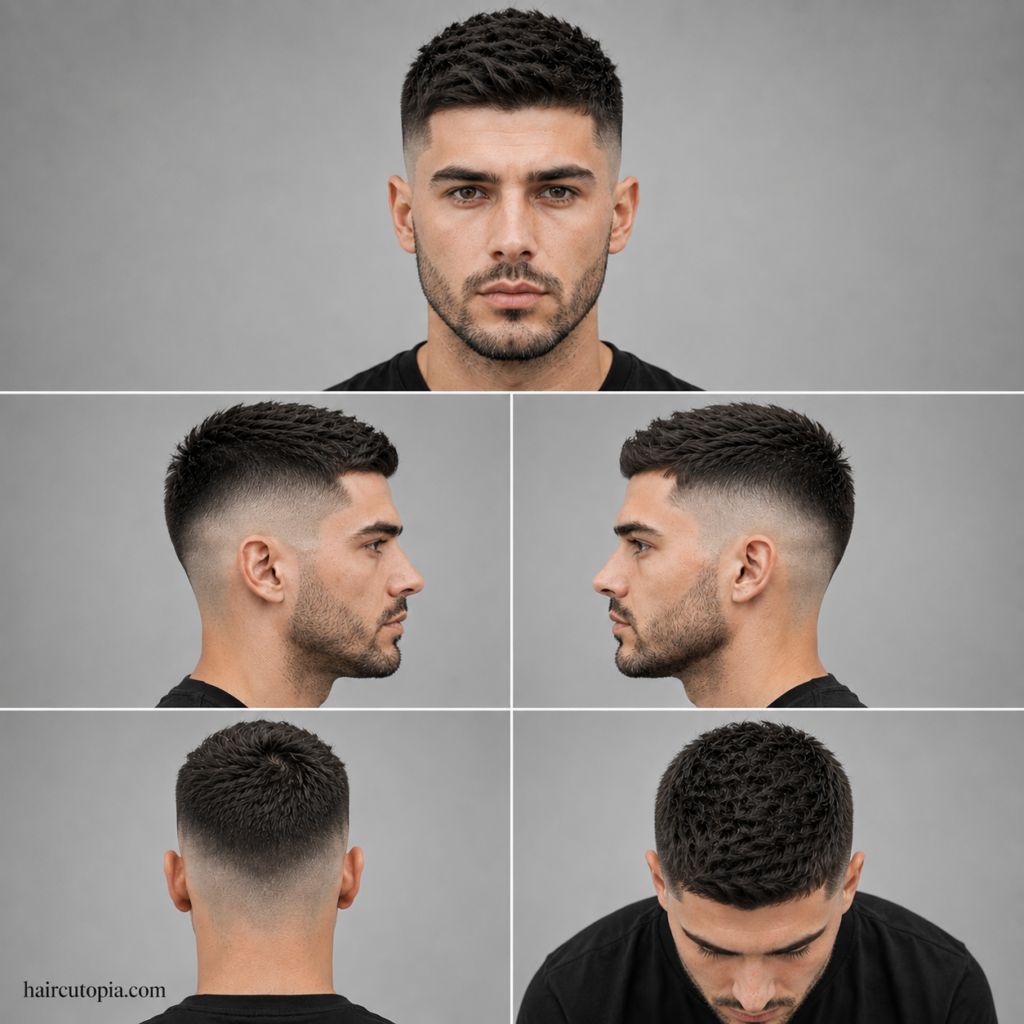 Five-panel collage showing a medium skin fade haircut from the front, left side, right side, back, and top views.