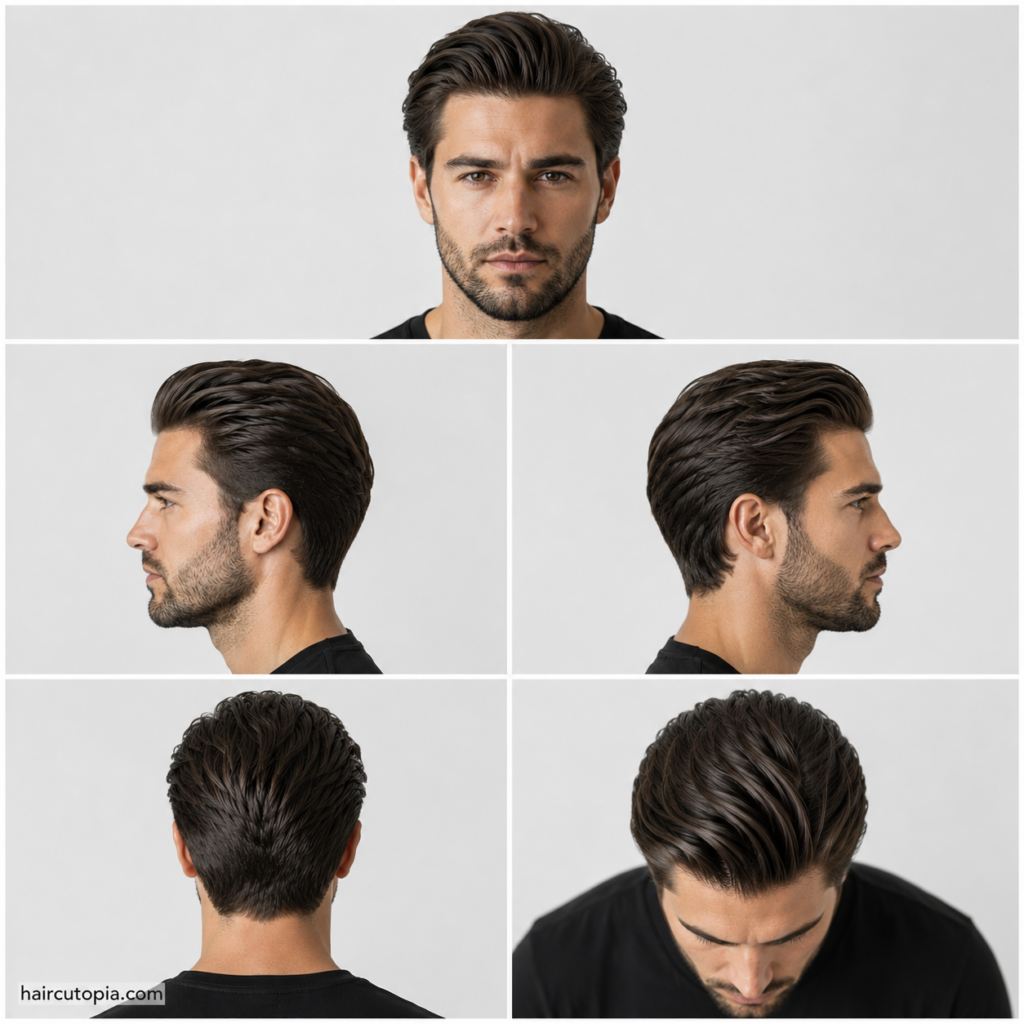 Five-view collage of a modern medium slick back haircut showing the front, left side, right side, back, and top views with natural volume and tapered sides.