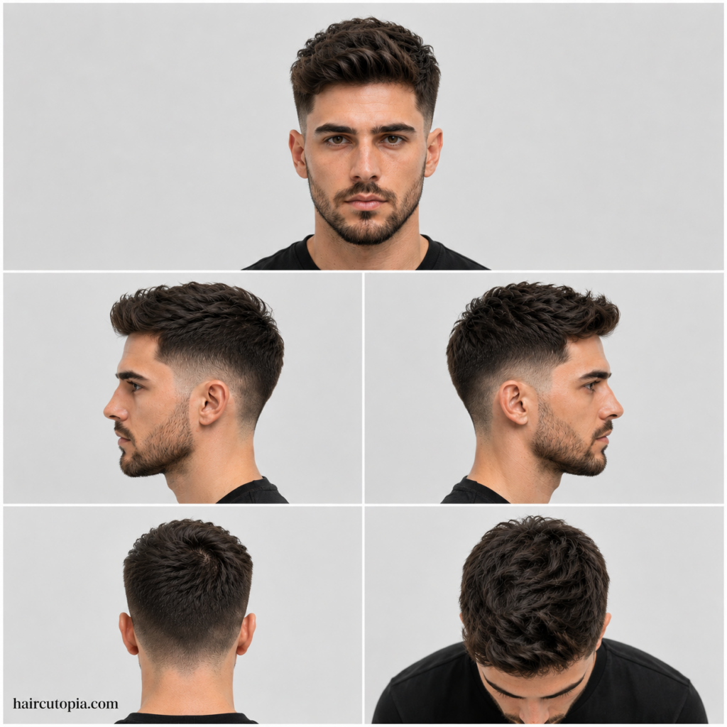 Five-panel collage of a medium taper fade haircut showing front, left side, right side, back, and top views.