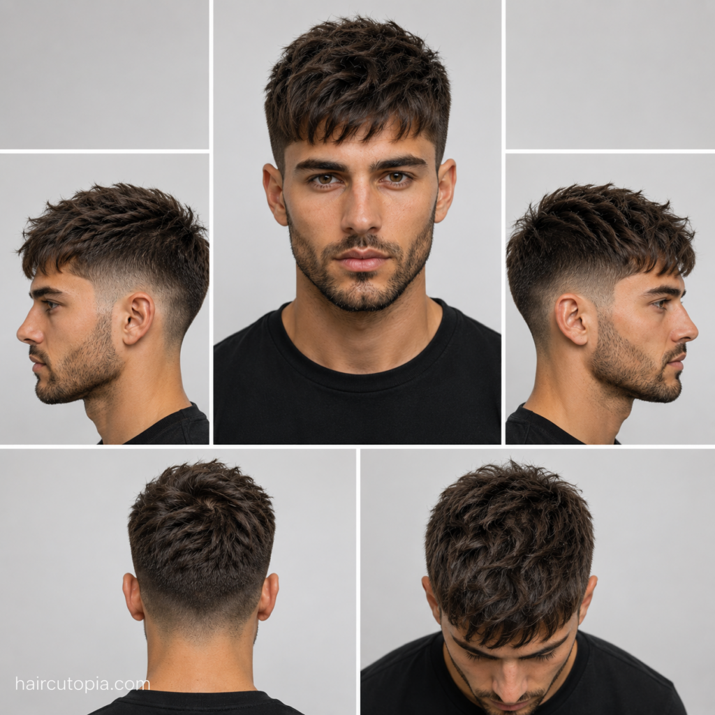 Five-view collage of a men's medium textured crop haircut showing the front, left side, right side, back, and bird's-eye views.