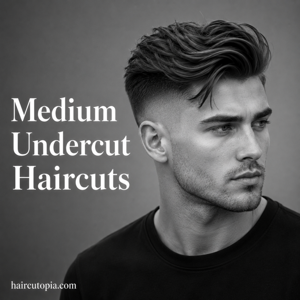 Man with a modern medium undercut haircut featuring textured volume on top, faded sides, and a stylish contemporary appearance.
