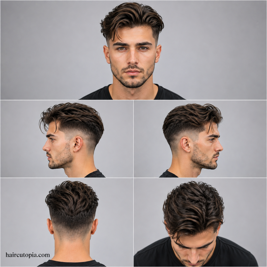 Five-panel collage showing a medium undercut haircut from the front, left side, right side, back, and bird's-eye views.