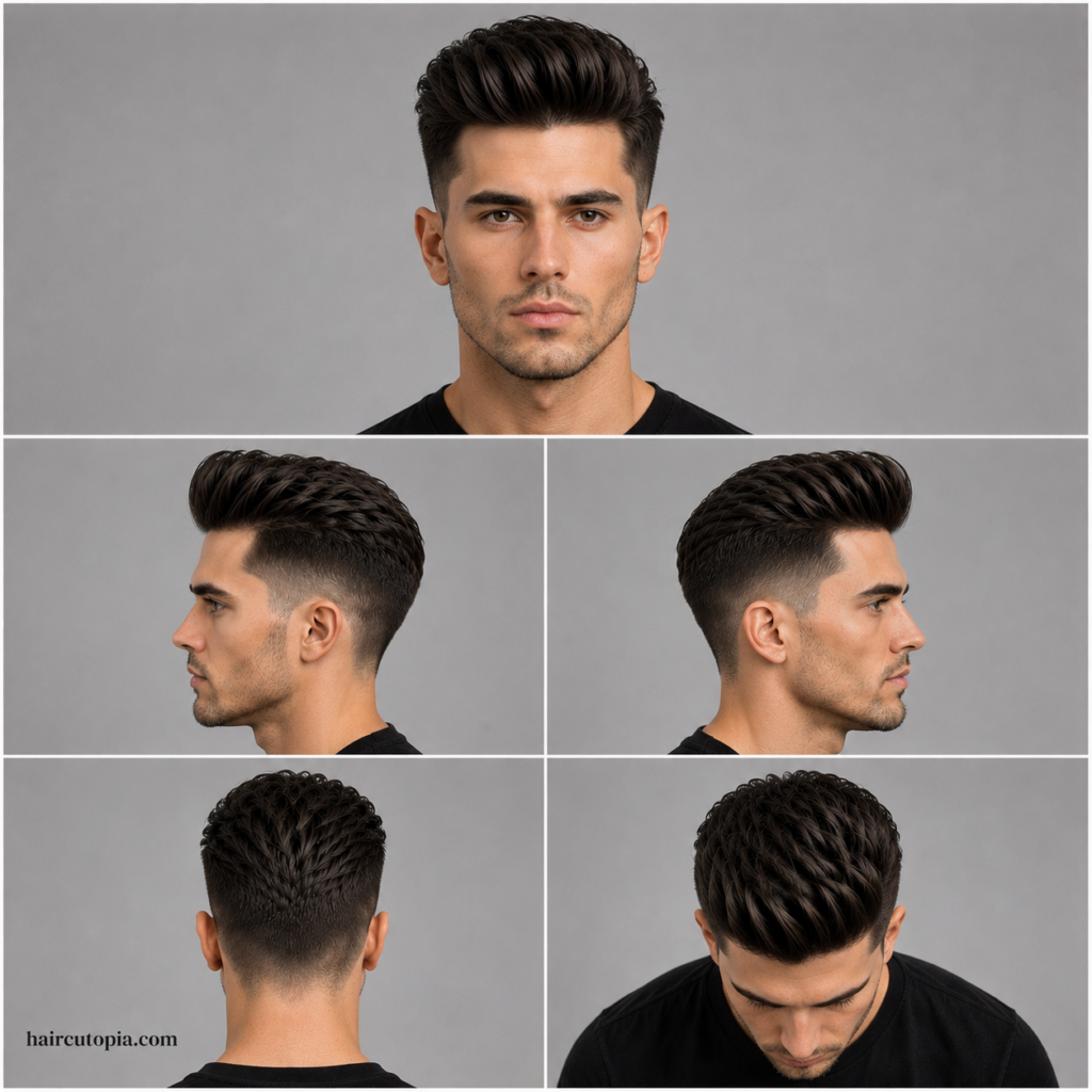 Five-view collage of a textured pompadour haircut with softly tapered sides for a diamond-shaped face, shown from the front, sides, back, and top.
