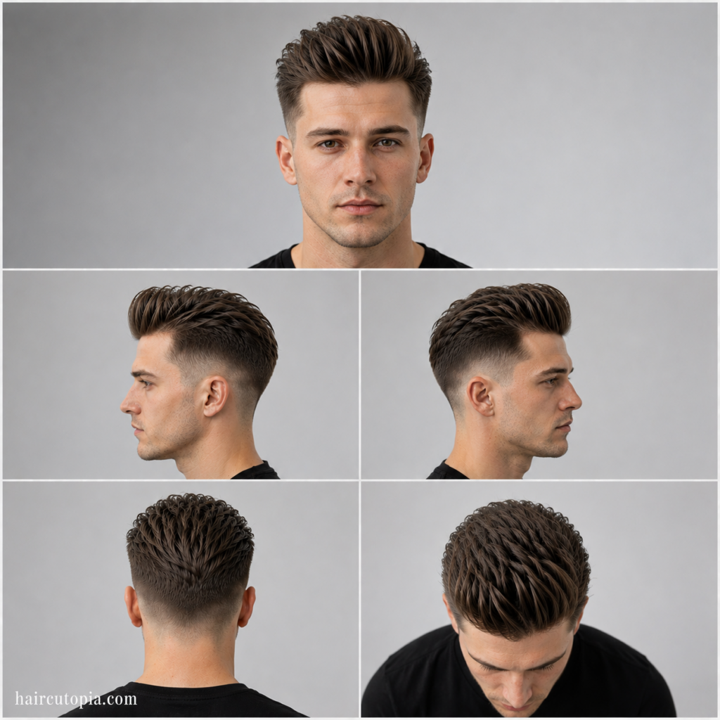 Five-view collage of a pompadour haircut for fine hair showing front, left side, right side, back, and top views
