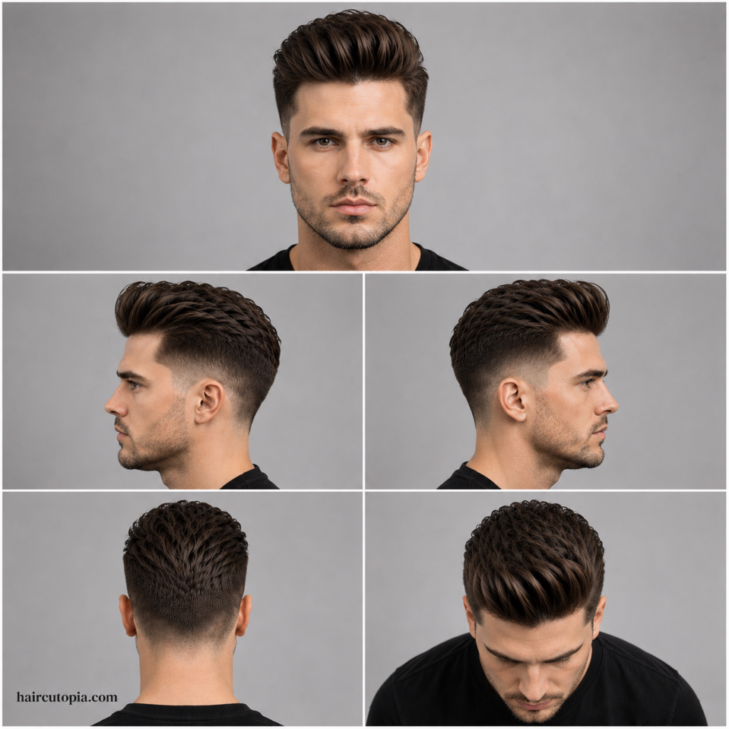 Five-view collage of a textured pompadour haircut with softly tapered sides for a heart-shaped face, shown from the front, sides, back, and top.